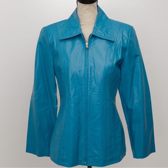Dopamine colored leather jacket tailored turquoise peacock blue Worthington S - Picture 1 of 14